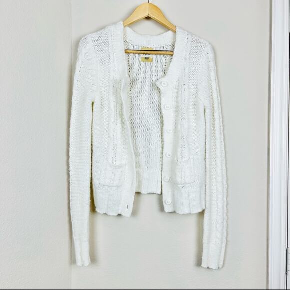 FOSSIL Ivory Knit Pocket Classic Cardigan Juniors MEDIUM Sweater Woolblend - Picture 3 of 7